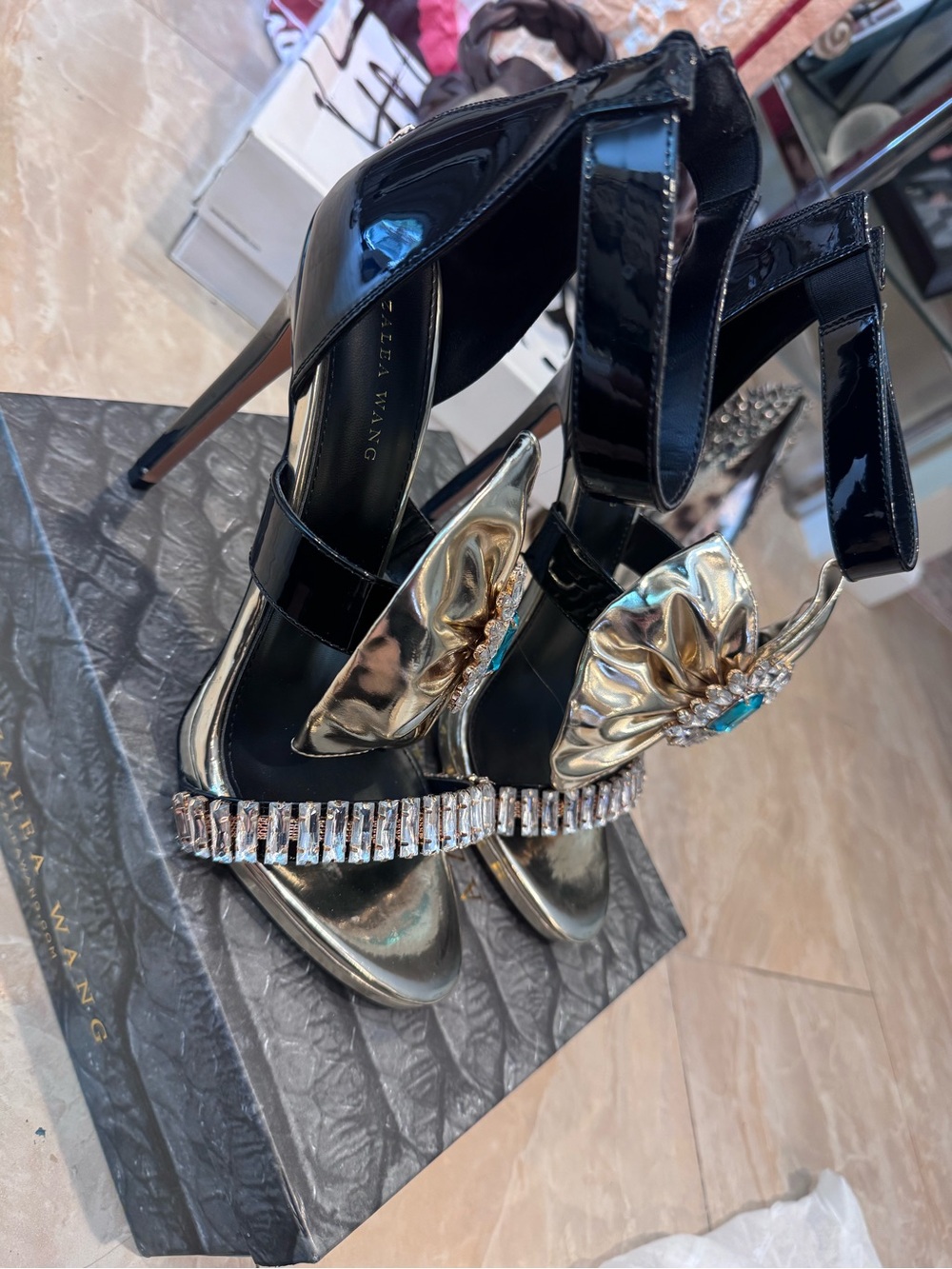 Black and Gold Embellished High Heel Sandals with Teal Gem - Picture 3 of 6